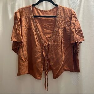 Burnt Orange Swiss Dot Double Tie Cropped Blouse